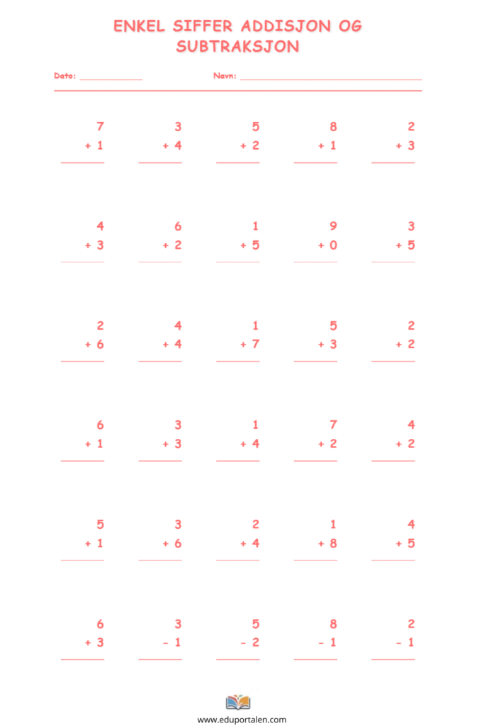 1 klasse addisjon en tall matematikk