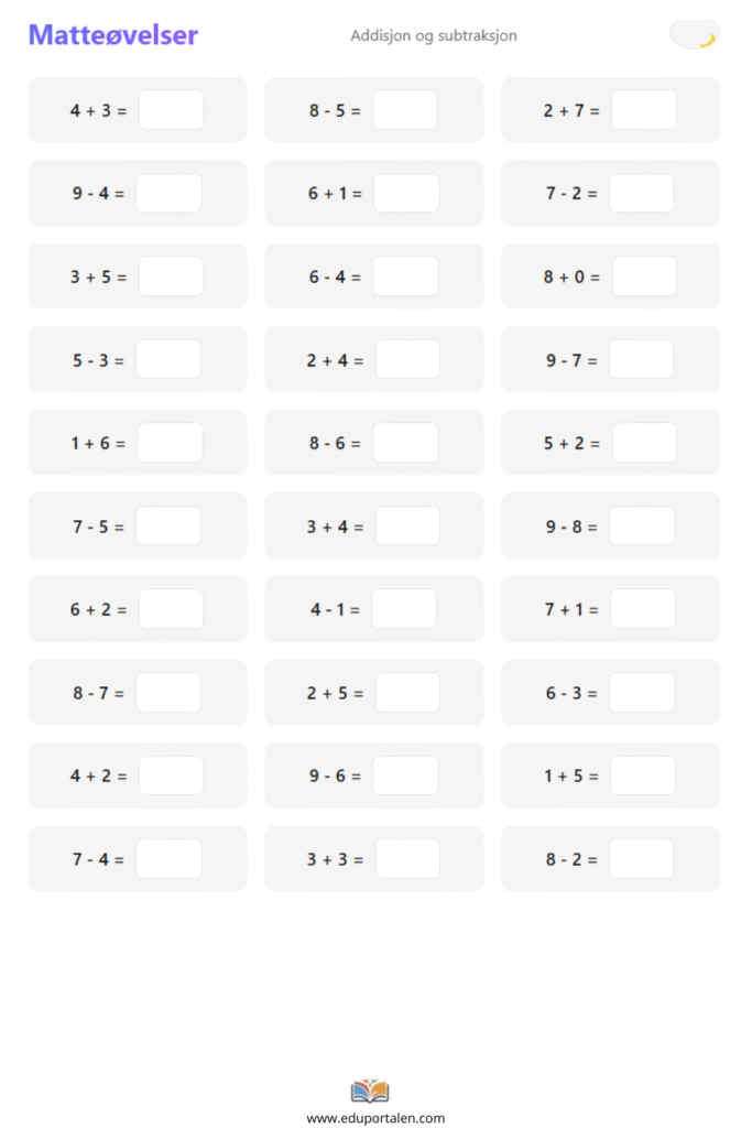 addisjon subtraksjon 1 trinn oppgaver
