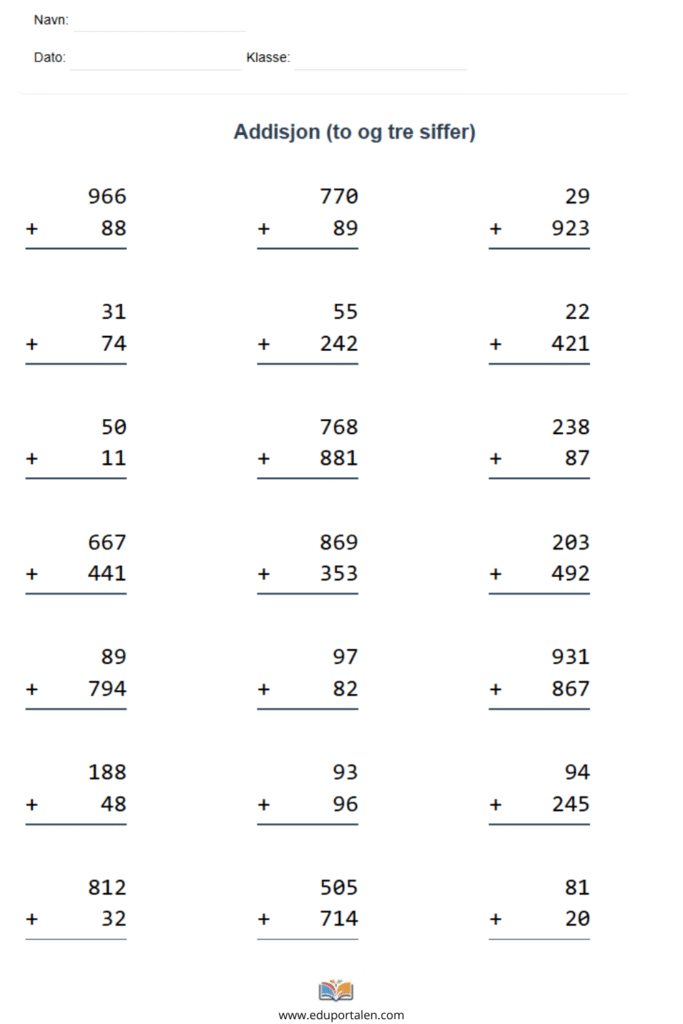 arbeidsark matematikk addisjon 3 trinn