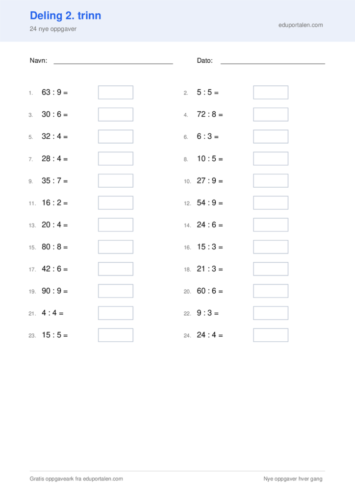 Oppgaveark deling 2. trinn – 24 nye oppgaver
