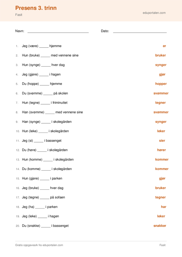 Oppgaveark presens 3. trinn til utskrift