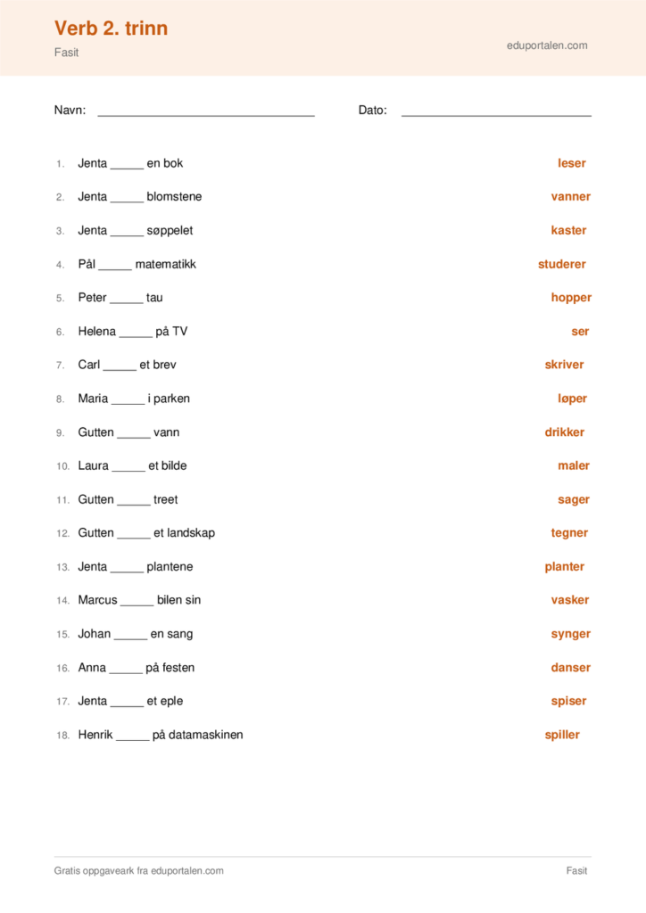 Oppgaveark verb 2. trinn til utskrift