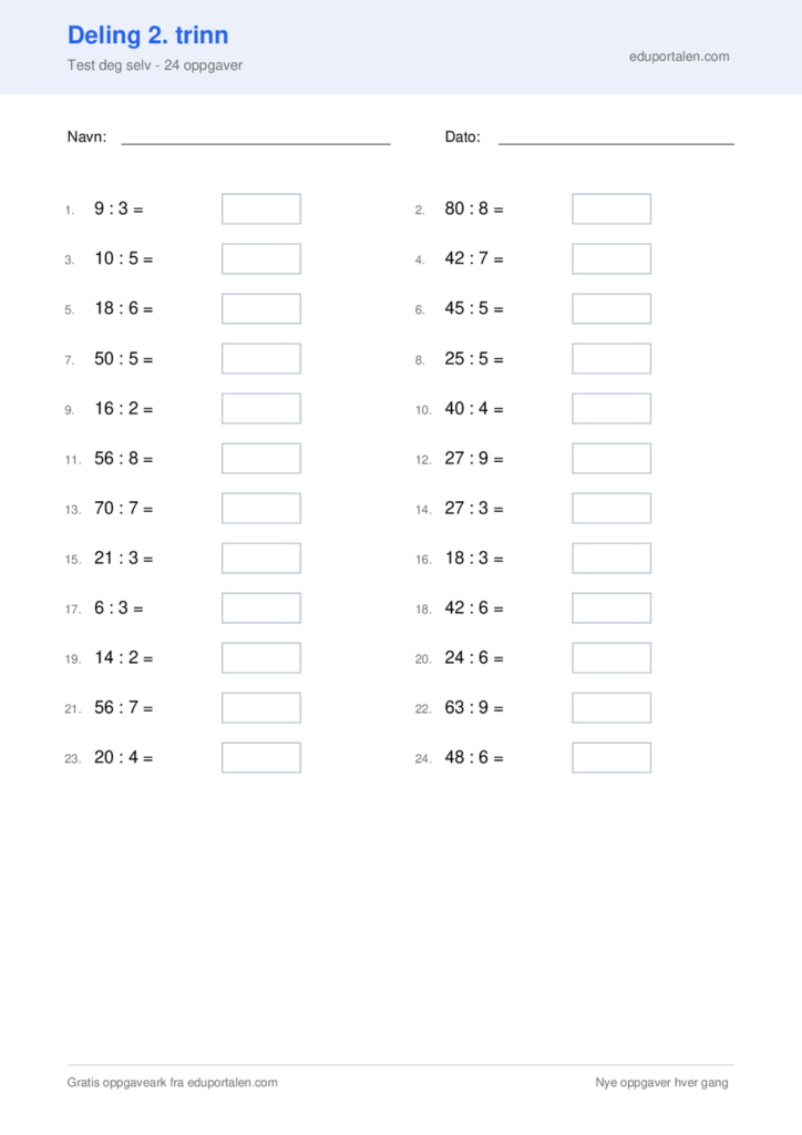 Oppgaveark deling 2. trinn – Test deg selv - 24 oppgaver