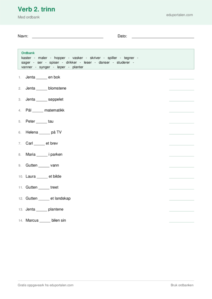 Oppgaveark verb 2. trinn til utskrift