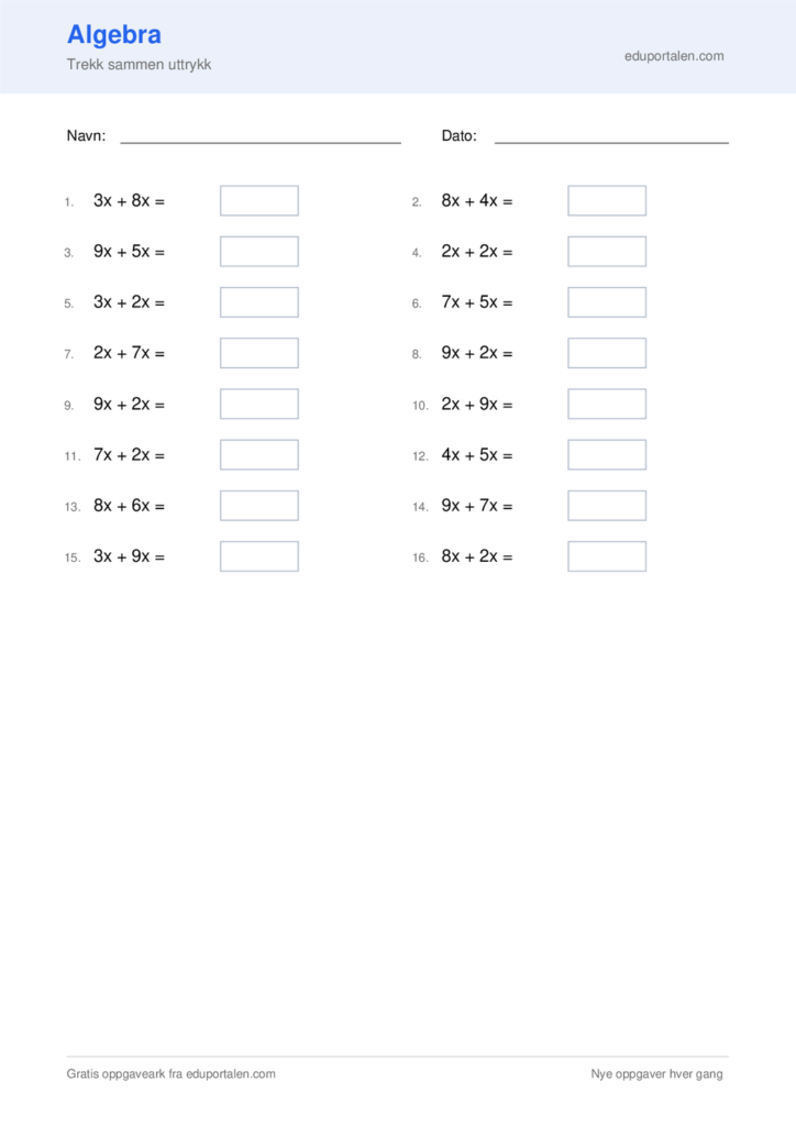 Gratis algebra oppgaver til utskrift - Trekk sammen uttrykk