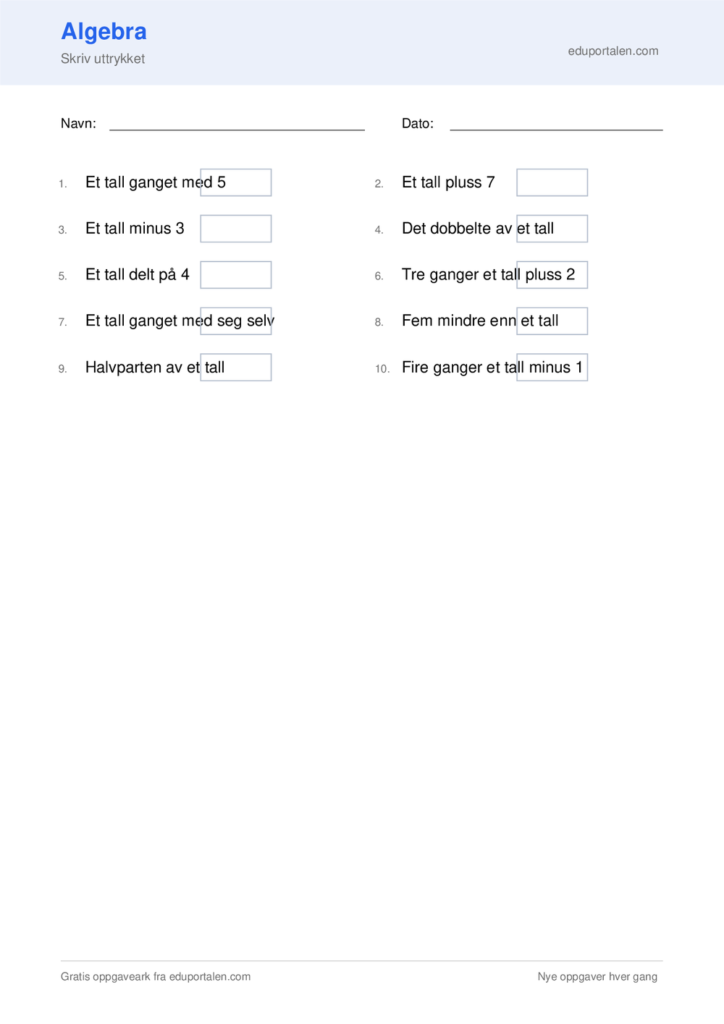 Gratis algebra oppgaver til utskrift - Skriv uttrykket