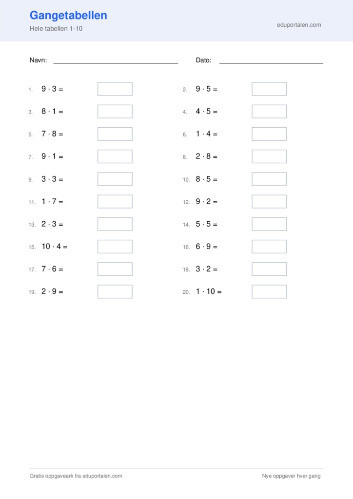 Gratis gangetabellen til utskrift - Hele tabellen 1-10