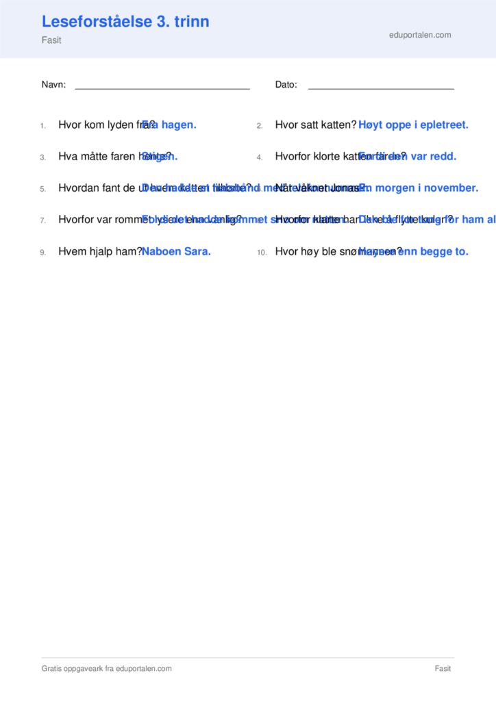 Fasit leseforstaelse 3. trinn
