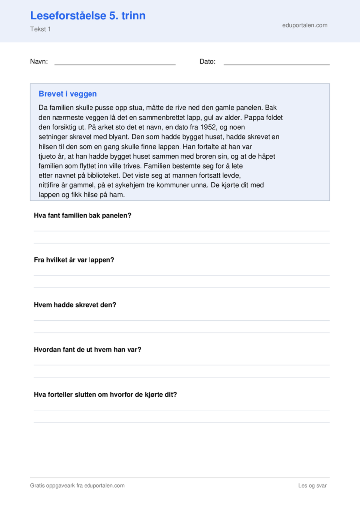 Gratis leseforstaelse 5. trinn til utskrift - Brevet i veggen