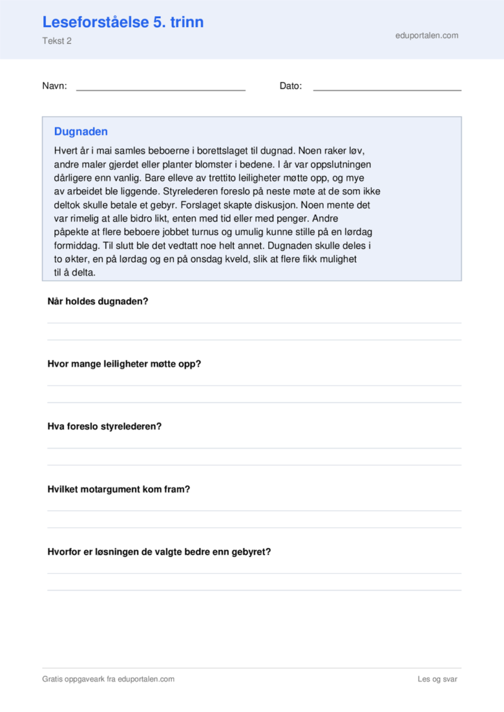 Gratis leseforstaelse 5. trinn til utskrift - Dugnaden