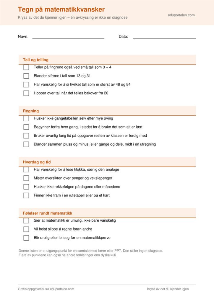 Sjekkliste til utskrift med tegn på matematikkvansker innen tall, regning, hverdag og følelser